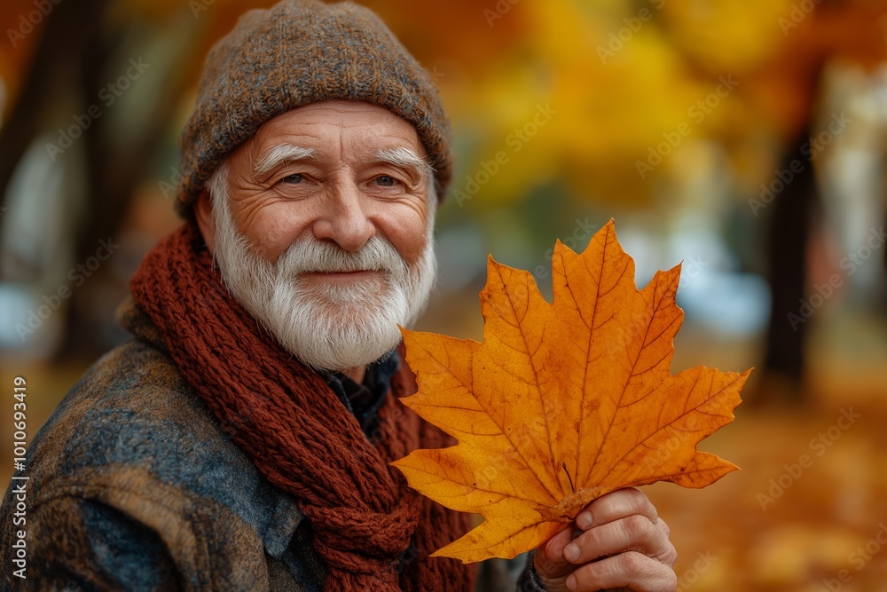 Poster man with a beard and a hat is holding a leaf. he is smiling and looking at the camera