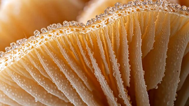 A close-up view of a mushroom's gills, covered in tiny droplets of dew, reveals the intricate details of this fascinating fungi