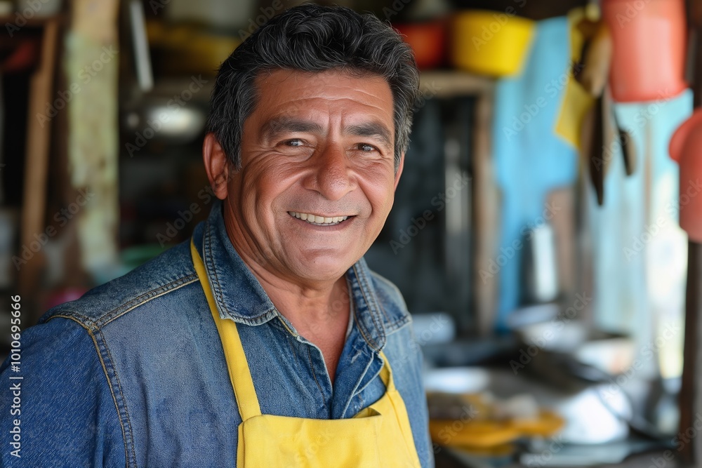 Poster man with a yellow apron is smiling and standing in front of a kitchen. he is wearing a blue jacket a