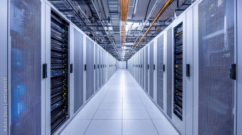 Poster vast expanse of modern data center with rows of server racks