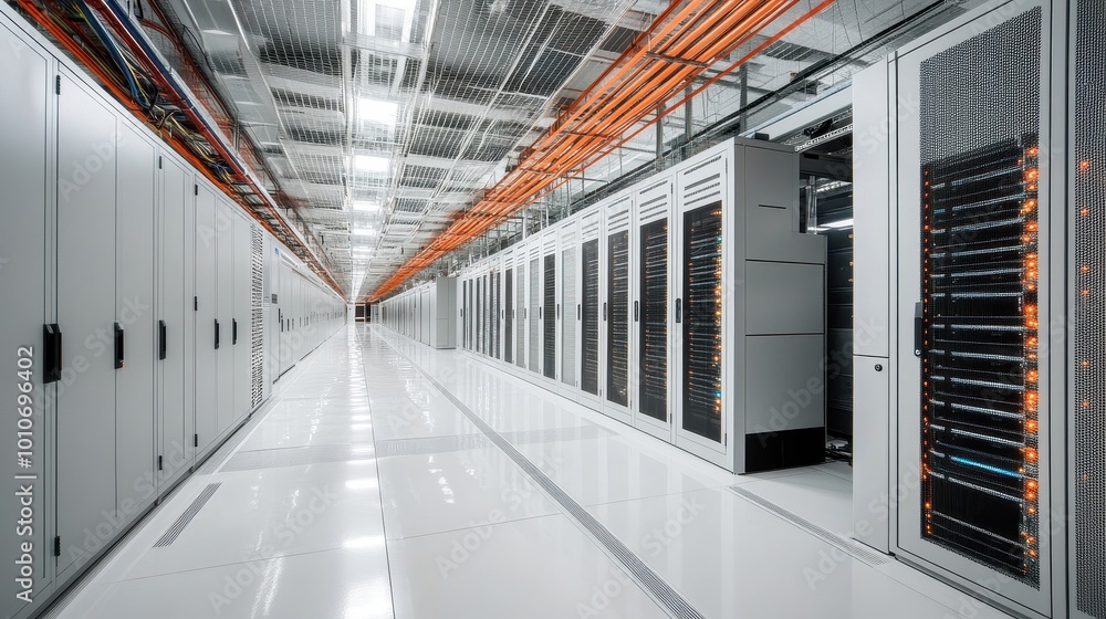 Poster modern data center with server racks and cooling infrastructure