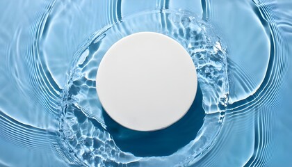 Round white podium for cosmetics on the water surface. Top view.