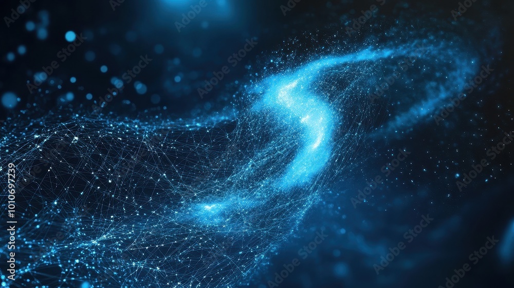 Poster ethereal digital waves of interconnected data particles in shimmering blue