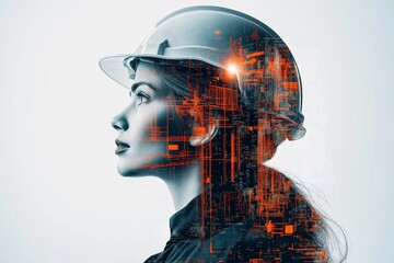 Woman wearing a hard hat and a helmet with a cityscape in the background. The image is a representation of the future of technology and the role of women in the workforce