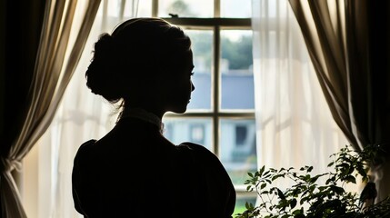 Silhouette of Victorian woman by a window