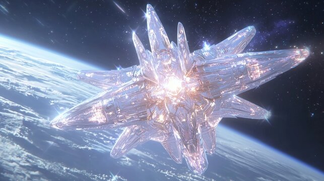 Futuristic 3D Render of Advanced Alien Starship Above Planet in Starry Galaxy Background