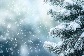 Winter background with fir branches and snowflakes with generative ai