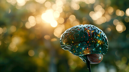 Close-up of a human brain model with vibrant neural pathways, symbolizing cognitive response and mental activity, ideal for educational and scientific visual content