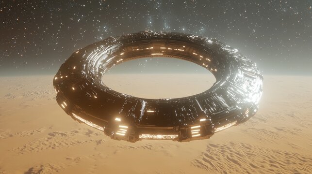 Futuristic Alien Spaceship in Hyperealistic 3D Render, Floating Above Alien Desert in Starry Galaxy Background - Detailed and Exquisite 8K Illustration