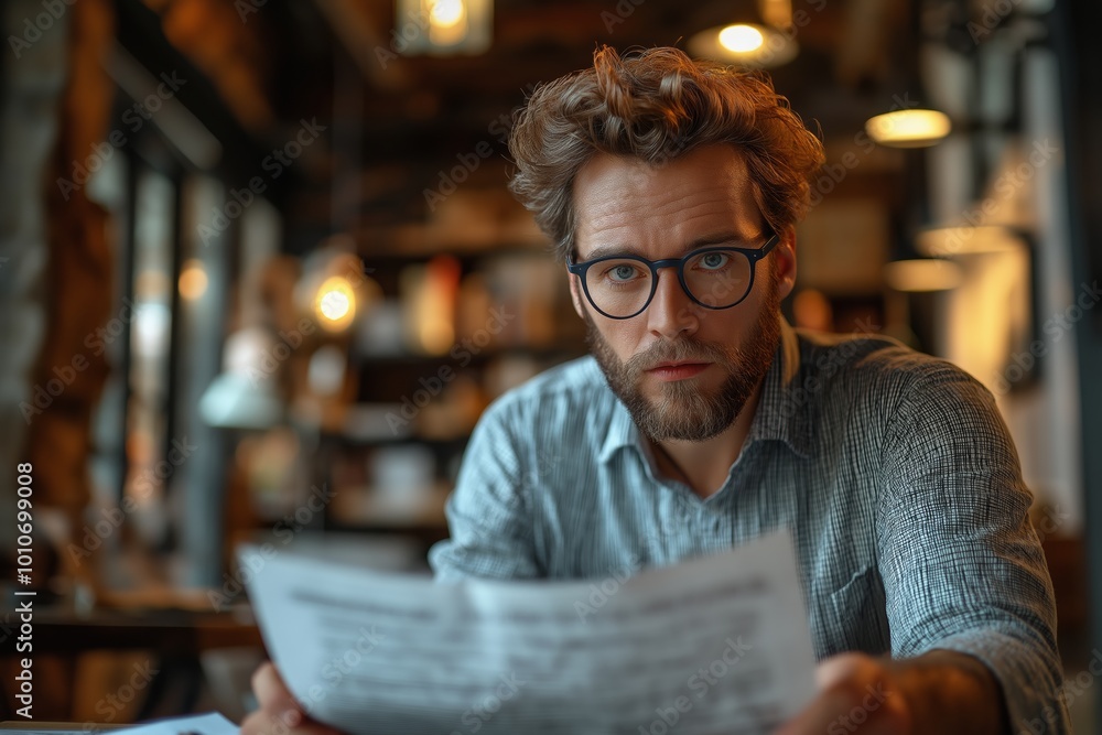 Poster man with glasses is sitting at a table with a piece of paper in front of him. he is reading or writi