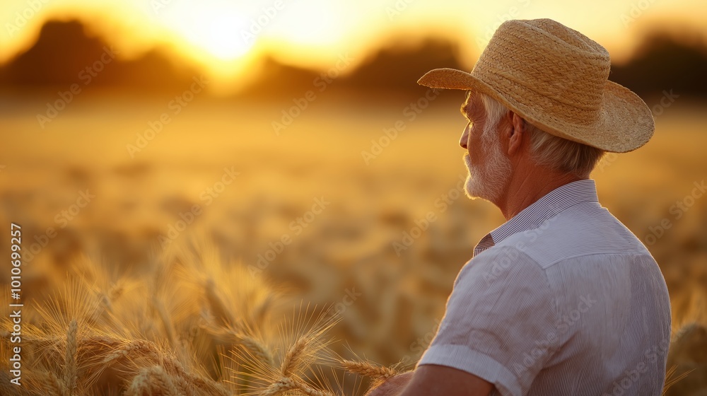 Poster man in a straw hat is sitting in a field of wheat. the sun is setting in the background, casting a w