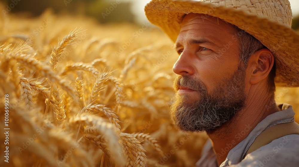 Poster man with a beard and a straw hat is standing in a field of wheat. the field is tall and full of whea