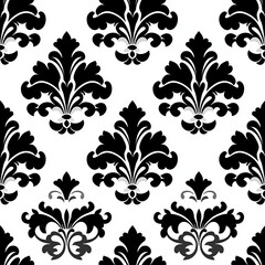 A striking black and white damask pattern featuring intricate floral designs, perfect for stylish wallpaper or fabric applications.