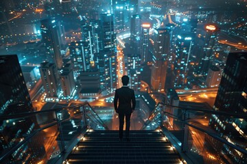 Plakat Businessman climbing stairs to success overlooking city at night.