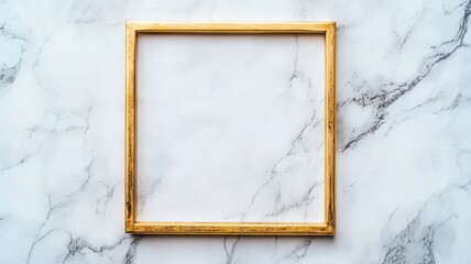 A golden picture frame rests on a marble surface, creating a minimalist and elegant aesthetic perfect for showcasing art or photography.