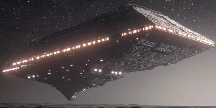 Hyperealistic 3D Render of Massive Cube-Shaped Alien Spacecraft Hovering Over Desolate Landscape with Pulsating Lights, 8K Quality