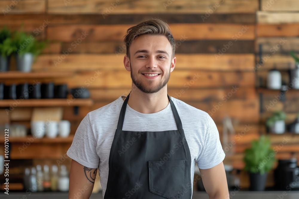 Poster man with a black apron and a white shirt is smiling for the camera. he is standing in front of a woo
