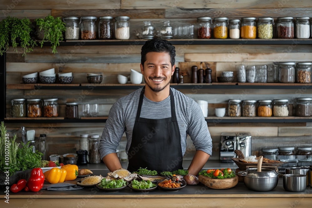 Poster man is standing in front of a counter with a variety of food items, including a bowl of salad. he is