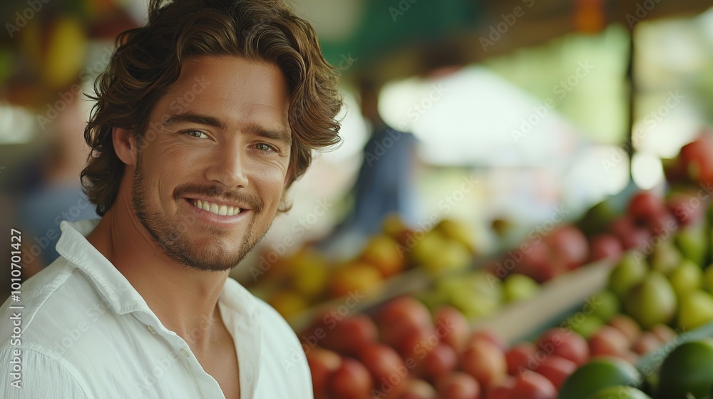 Poster man with a beard and a smile is standing in front of a fruit stand. he is smiling and looking at the
