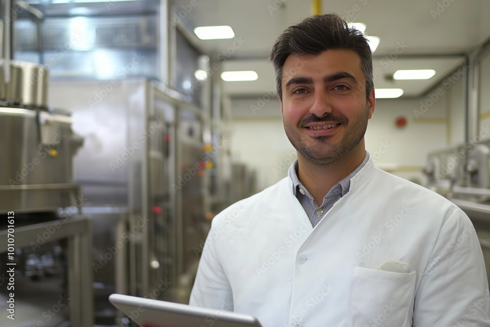 Poster man in a white lab coat is smiling and holding a tablet. he is in a kitchen setting