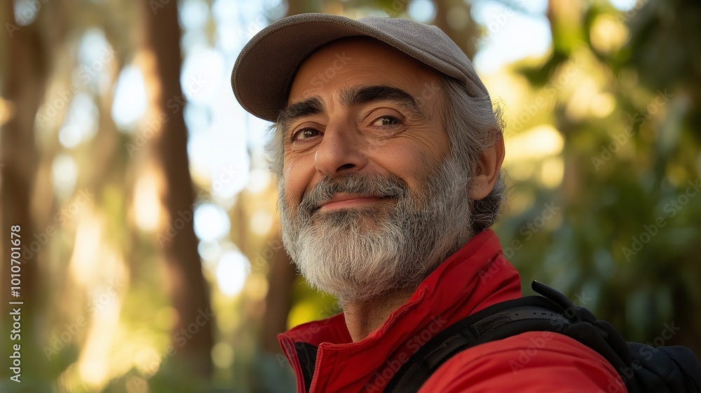 Poster man with a beard and a hat is smiling. he is wearing a red jacket and a backpack