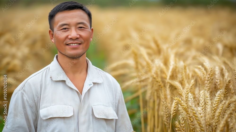 Poster man is standing in a field of wheat. he is smiling and looking at the camera. the field is full of t