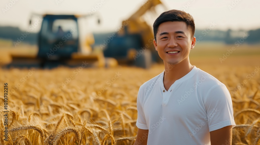 Poster man is smiling in a field of wheat. the field is large and the man is standing in the middle of it