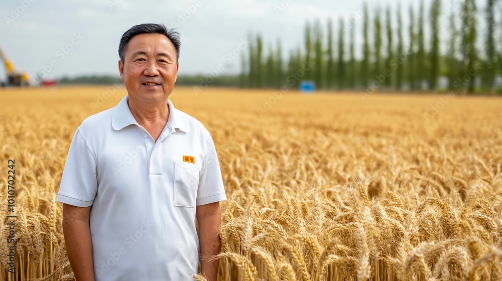 Poster man stands in a field of wheat. he is smiling and he is happy. the field is full of tall, golden whe