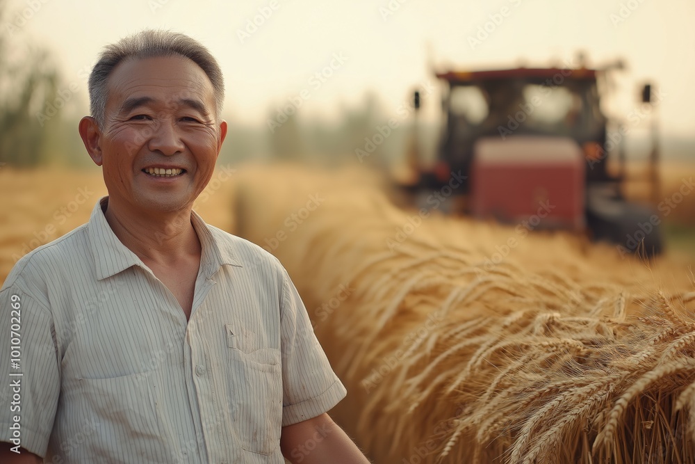 Poster man stands in a field of wheat. he is smiling and he is happy. the field is full of tall, golden whe
