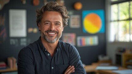 Fototapeta premium Man with a big smile is standing in front of a wall with a yellow circle on it. The room has a colorful and artistic vibe, with various posters and paintings adorning the walls