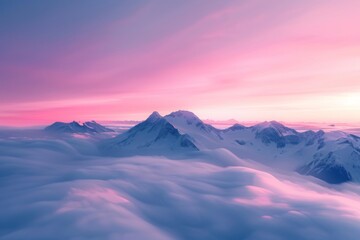 Experience the stunning beauty of snow-draped mountains with a vibrant pink sky backdrop, captured from above in the winter elegance near Squamish, British Columbia.