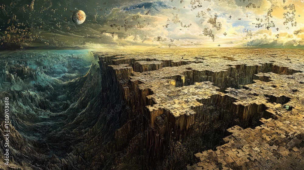 Poster a vast terrain of interconnected puzzle pieces stretches into the horizon, some embedded in the grou