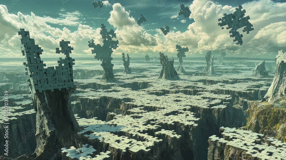 Poster a vast terrain of interconnected puzzle pieces stretches into the horizon, some embedded in the grou