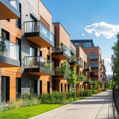 Naklejka premium Contemporary apartment buildings bask in sunlight, showcasing appealing design with lush greenery and inviting walkways for potential residents to explore.