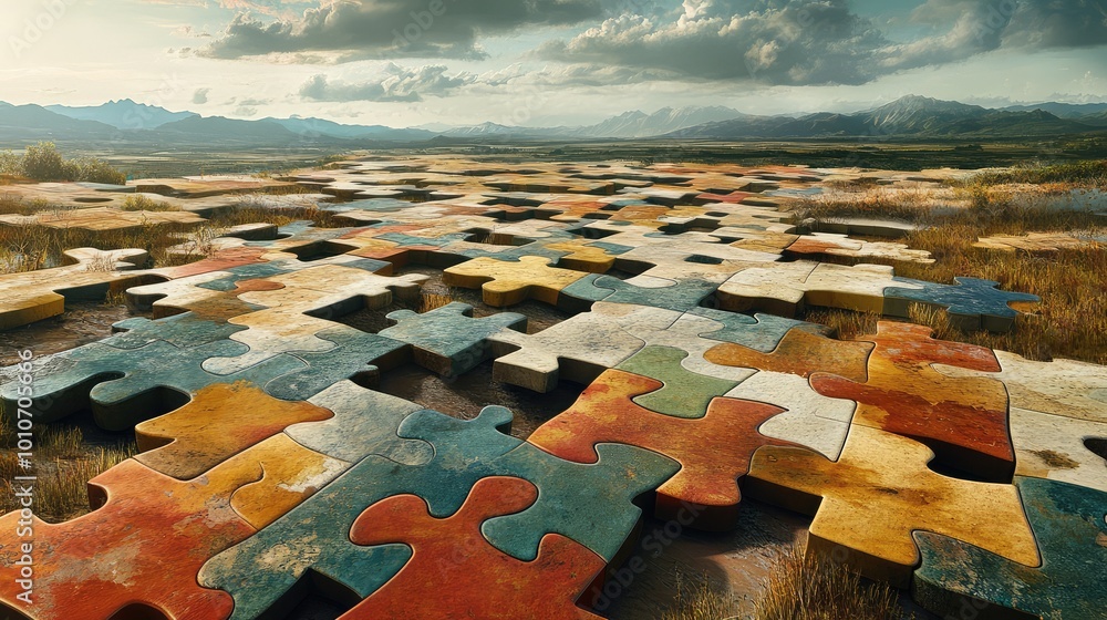 Poster an infinite landscape of puzzle pieces, some floating and others embedded in the ground, creates an 