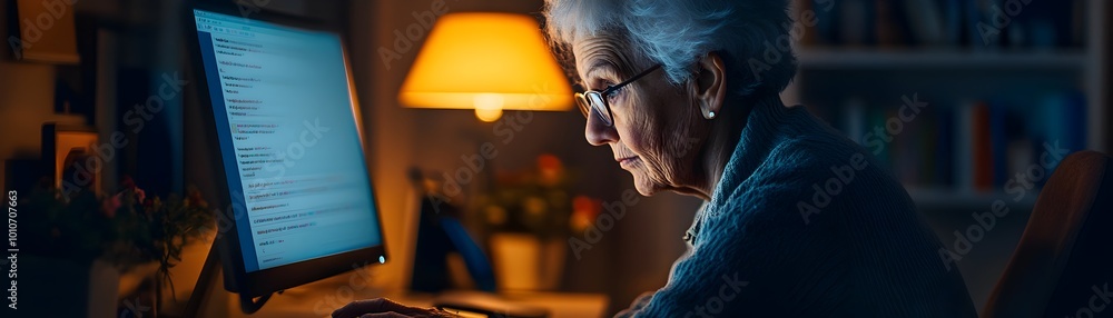 Poster elderly person exploring new digital skills online with simplified interface and soft lighting