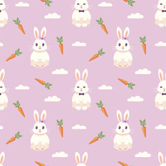 Seamless bunnies template Cute boy bunny and girl with carrot on pink background vector illustration. Cute baby print for kids textiles, cards, banners