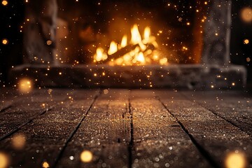 Wooden background with glitter effects and fireplace with generative ai
