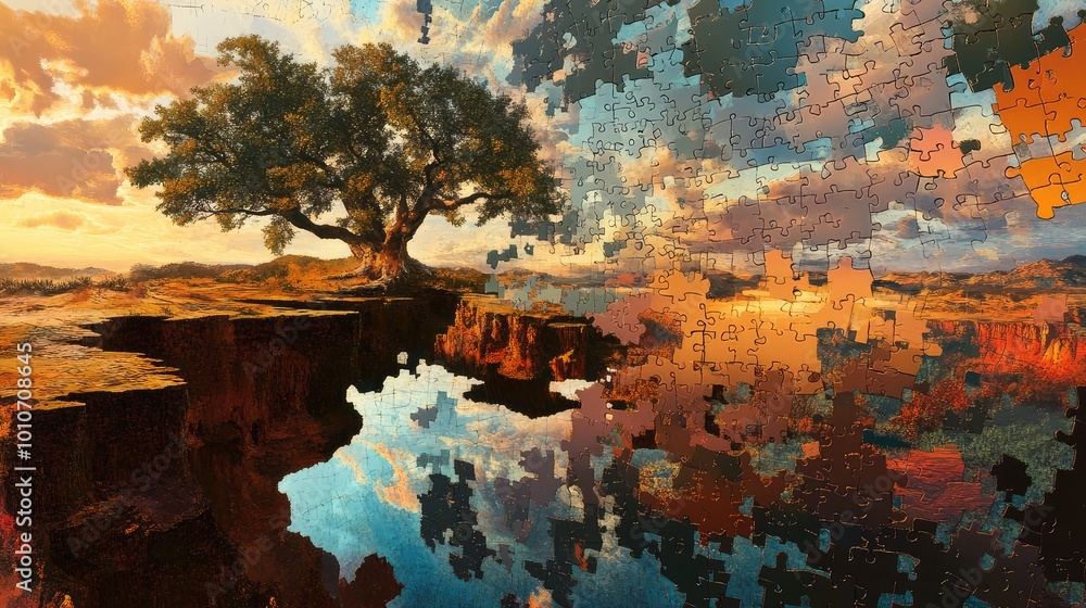 Poster floating and embedded puzzle pieces make up a vast, interconnected landscape that seems to stretch i