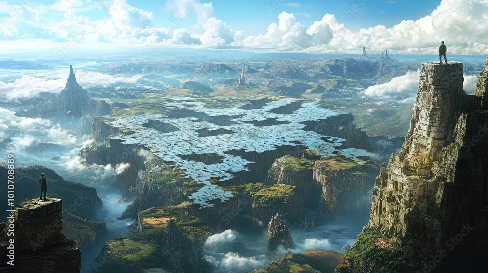 Poster floating and embedded puzzle pieces make up a vast, interconnected landscape that seems to stretch i