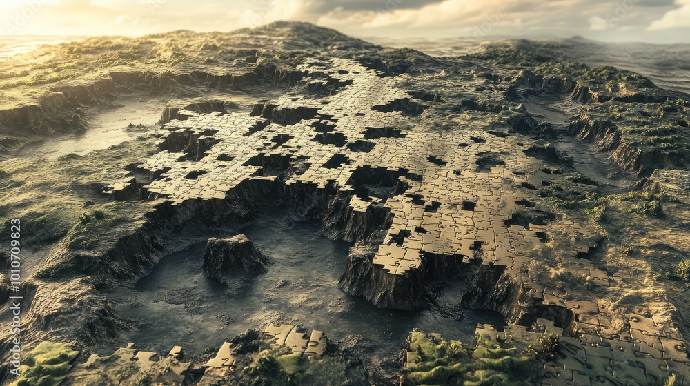 Poster puzzle pieces, floating and fixed, form a vast, interconnected terrain that extends infinitely into 