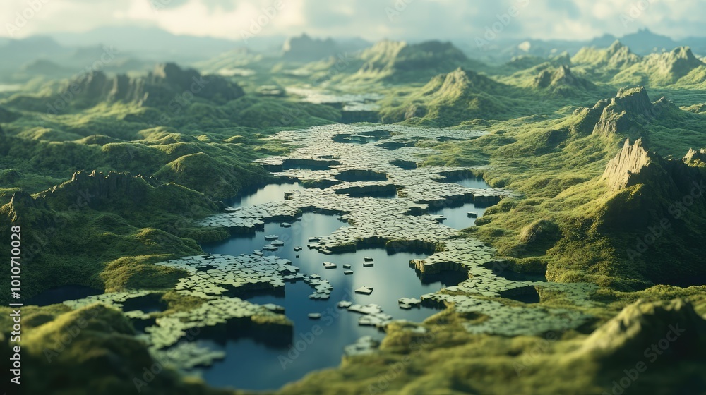 Poster puzzle pieces, floating and fixed, form a vast, interconnected terrain that extends infinitely into 