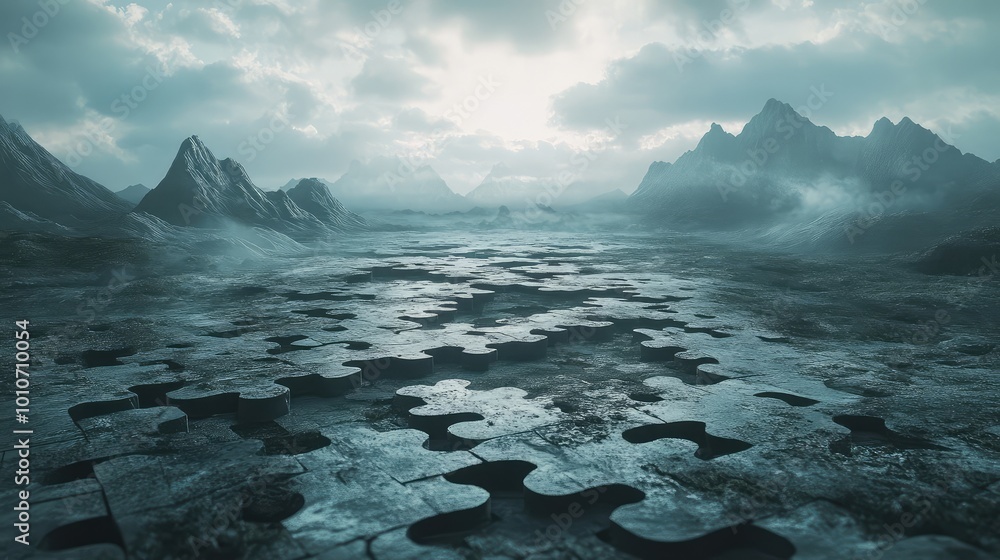Poster puzzle pieces, floating and fixed, form a vast, interconnected terrain that extends infinitely into 