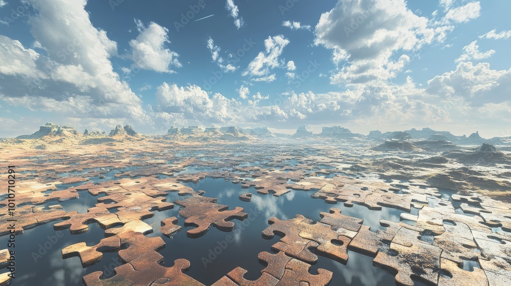 Poster puzzle pieces interlock across a vast, infinite terrain, with some pieces floating while others are 