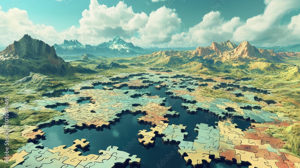 Poster puzzle pieces interlock across a vast, infinite terrain, with some pieces floating while others are 