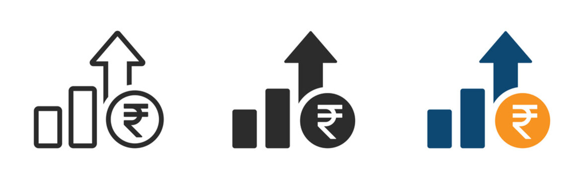 Cost increase vector icons. Rupee increase vector illustration set. Indian Rupee cost increase icon