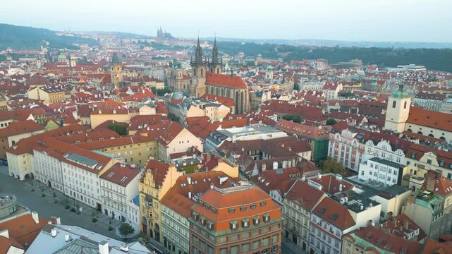 Prague aerial skyline fly over old town in front prague church cathedral main sqaure drone footage 4k.