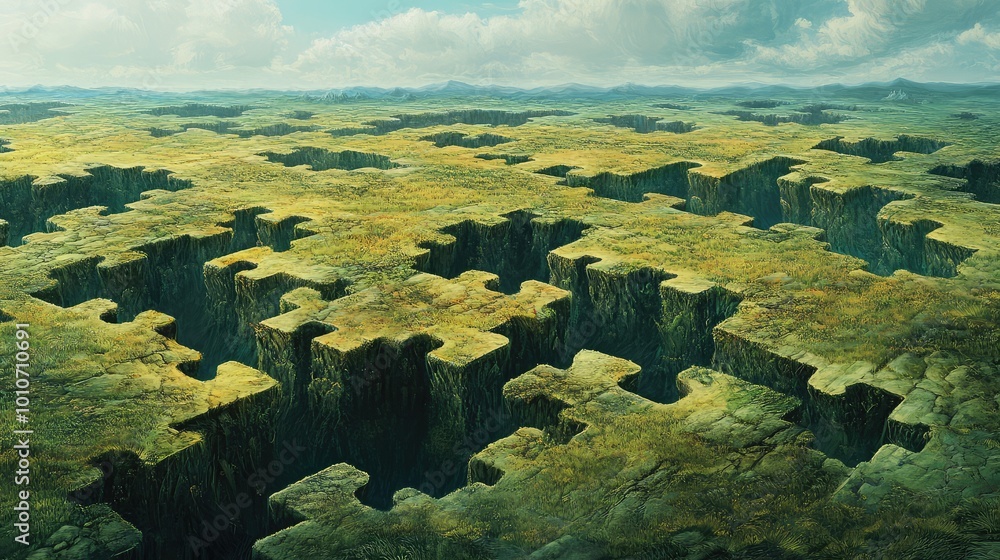 Poster puzzle pieces, some floating and others grounded, create a seemingly infinite landscape, interlockin