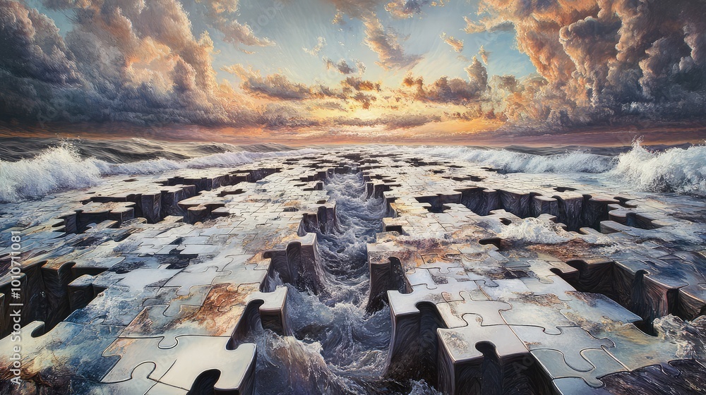 Poster puzzle pieces, some floating and others grounded, create a seemingly infinite landscape, interlockin