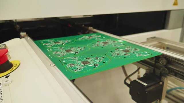 Green circuit boards being manufactured at car tech factory, close-up